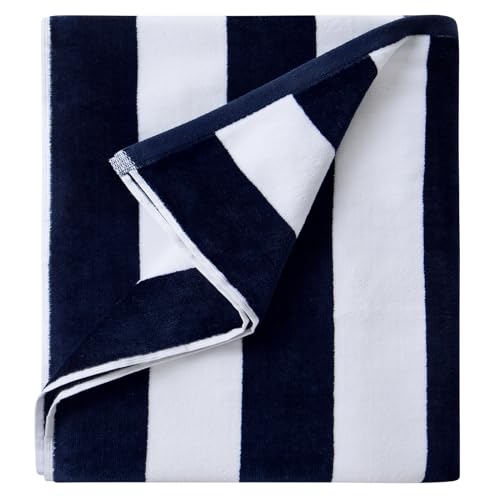 LULUHOME Plush Oversized Beach Towel - Fluffy Cotton 36 x 70 Inch Navy Blue Striped Pool Towel, Large Summer Swimming Cabana Towel