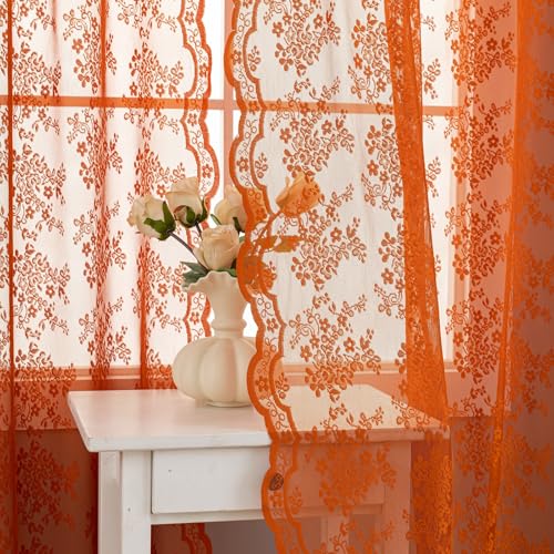 Orange Bohemian Curtains 102 Inches Long - Rust Retro Lace Fall Curtains for Living Room, Rod Pocket, Autumn Farmhouse Halloween Decor for Home Office Patio Sliding Door 52 x 102, Burnt Orange