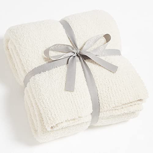 CYMULA Knit Throw Blanket for Couch Cream White - Super Soft Lightweight Plush Fuzzy Fluffy Cozy Blankets and Throws for Sofa Bed, 50 x 60 inches