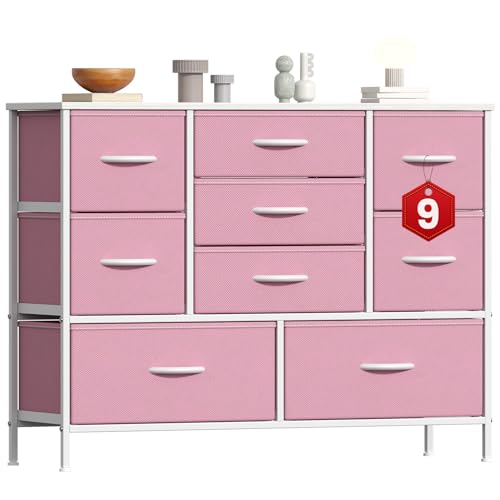GoaHi Chest of Drawers, Large Dressers with Metal Frame and MDF Wooden Top Board, Adjustable Feet, Anti-Tip Safety, Storage Unit with 9 Drawers for Bedroom, Living Room, Closet, Office Pink