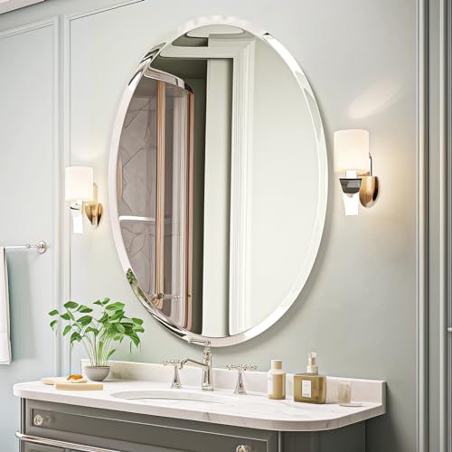 "USHOWER 24 x 36 Inch Frameless Oval Wall Mirror, Large Decor Mirror for Bathroom, Vanity, Bedroom, 1"" Beveled Edge, Modern Style"