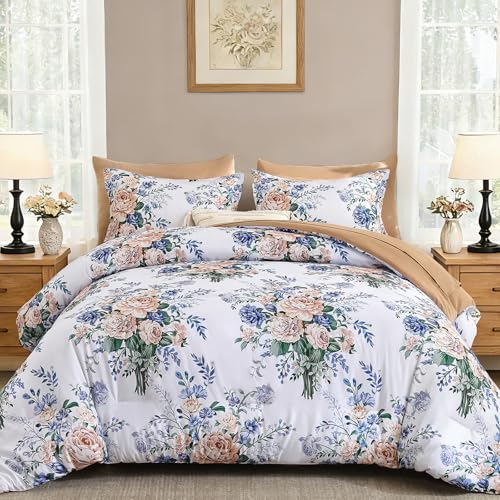 Anibedding 7Pieces Floral Comforter Set King Size, Soft Microfiber Blue Orange Bed in a Bag Comforter Set with Sheets for All Season