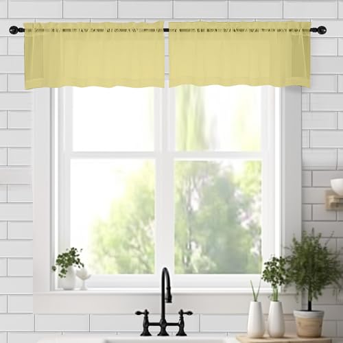 Chyhomenyc Sheer Valances for Windows 2 Pack, Small Window Curtains for Living Room Bathroom Cafe Laundry Basement, Modern Top Dual Rod Pocket Voile Curtain, 42W x 18L inches, Yellow
