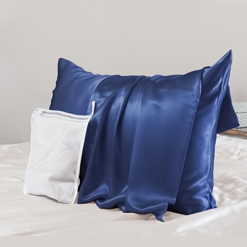 "PROMEED 100% Mulberry Silk Pillowcase for Hair and Skin - Allergen Resistant Both Sides 23 Momme 1400 TC Silk Bed Pillow Cases with Hidden Zipper, 1PC (King 20""x36"", Navy)"