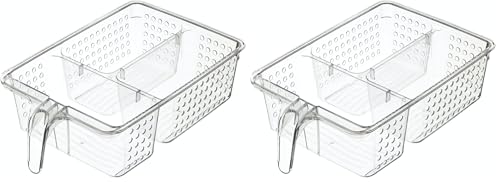 KitchenCraft Large Plastic Fridge & Cupboard Storage Basket with 3 Compartments, Clear Kitchen Organiser with Handle for Fridge or Cupboards, 31 x 20.5 x 9cm (Pack of 2)