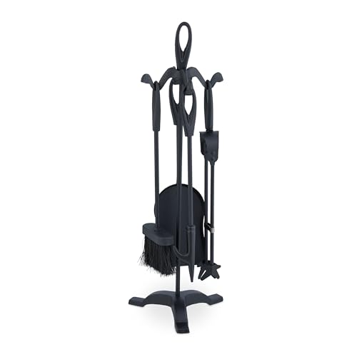 Relaxdays Fireplace Tool Set, 5-pieces, Poker, Ash Shovel, Broom, Stand, Tongs, Iron, Sturdy Base, Accessories, Black