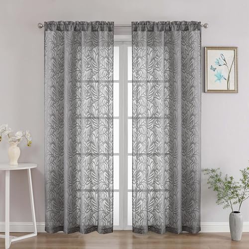 OVZME Black Sheer Curtains 72 Inches Long 2 Panels Set, Voile Soft Airy Leaf Jacquard Textured Elegant Sheer Curtains for Living Room Bedroom Door Window, Dual Rod Pocket Drapes, 2x42Wx72L Inches