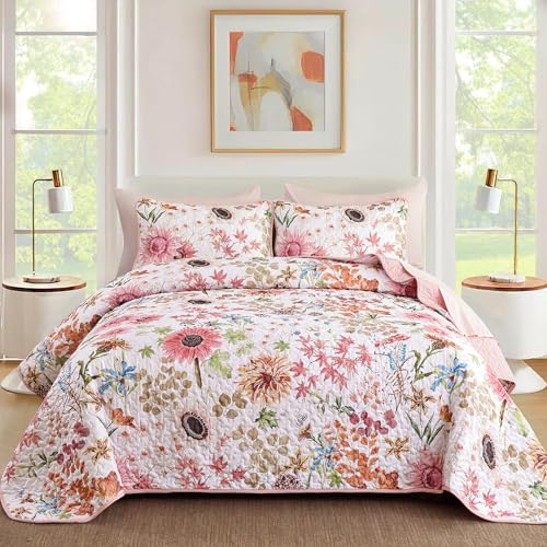 Yiran Pink Floral Quilts Queen Size, Sunflower Botanical Bedspread Bedding Set, 3 Pieces Colorful Soft Lightweight Microfiber Coverlet with 2 Pillow Shams for All Season 96x90 Inch