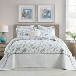 "FineStichery Oversized King Bedspread 128""x120"" - 100% Cotton California King Quilt, Embroidered Bedspread Coverlet with Pillow Shams, Lightweight Quilted Bedding Set 3 Piece, Aqua Blue/White"