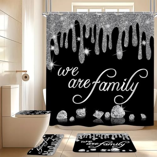 4Pcs Family Glitter Diamond Shower Curtain Sets, Black Famliy Shower Curtain with Toilet Lid Cover and Rugs, Luxury Bling Shiny Shower Curtains for Home Bathroom Set Decor with 12 Hooks, 72 x 72 inch