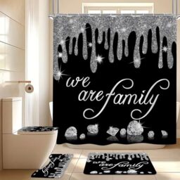 4Pcs Family Glitter Diamond Shower Curtain Sets, Black Famliy Shower Curtain with Toilet Lid Cover and Rugs, Luxury Bling Shiny Shower Curtains for Home Bathroom Set Decor with 12 Hooks, 72 x 72 inch