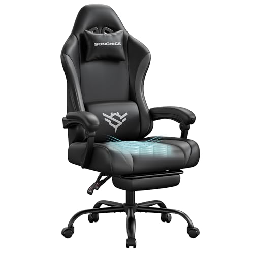SONGMICS Gaming Chair, PU Leather Ergonomic Computer Chair, with Footrest and Lumbar Support, 90°-135° Reclining, 70 x 70 x (120-130) cm, Black, Grey, for Home Office, Cathy Collection OBG091BH01