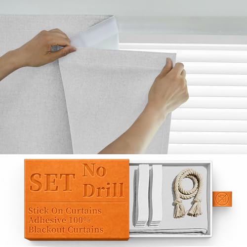 100% Blackout Self Adhesive Curtains, Black Out Shade for Window, Fabric Temporary Window Coverings Easy to Hang Curtains No Rod Needed, Use for Room, Kitchen, W60 x L60 inch, 1 Panel, Off-White