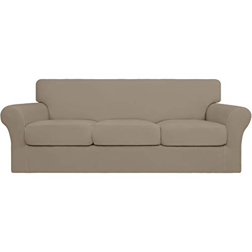 Easy-Going 4 Pack Soft Stretch Couch Covers for Dogs, Washable Sofa Slipcover for 3 Separate Pillows, Elastic Furniture Protector for Pet Kids (Sofa, Natural, Large)