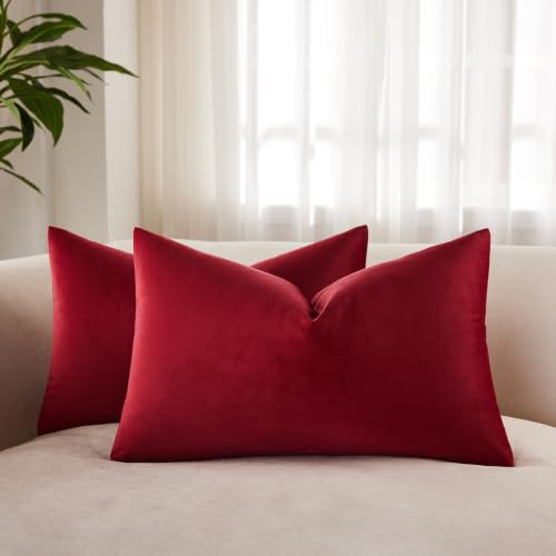 JUSPURBET Decorative Pillow Covers Set of 2 Velvet Throw Pillow Covers for Couch Sofa Bed Soft Lumbar Cushion Covers with Hidden Zipper for Living Room Home Decor,Burgundy,14x24 inch