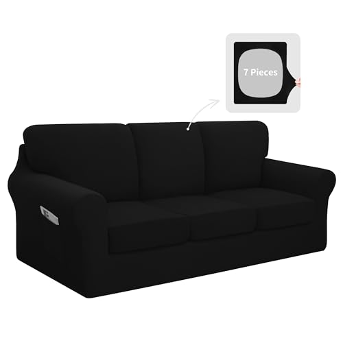 Easy-Going 7 Pieces Stretch Couch Cover Washable Sofa Cover Set for 3 Backrest and Seat Cushion Couch Anti-Slip Sofa Slipcover Furniture Protector with Elastic Bottom (X-Large, Black)