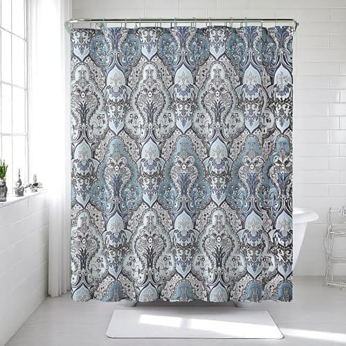 Calais Dobby Silver Teal Aqua Blue Gray Brown Paisley Fabric Shower Curtain