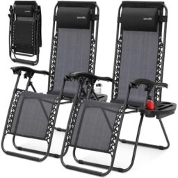SereneLife Zero Gravity Lounge Chair - Set of 2 Adjustable Recliners with Removable Padded Headrest Pillows, Cup Holders, Breathable Mesh Fabric, Lightweight and Foldable, Black
