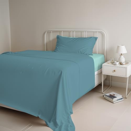 Italian Bed Linen Natural Color Bed Set (Flat 180x300, Fitted Sheet 120x200cm+Pillowcase 52x82cm), Petrol Bottle Green, Ottanio/Water, SMALL DOUBLE