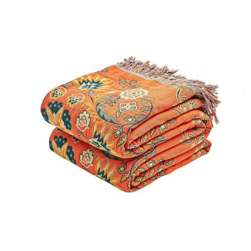"XIBLC Boho Throw Blanket, 100% Cotton Ultra Soft Luxury Throw Rustic Quilt, 80""x90"" Floral Printed Farmhouse Decor Bed Summer Blankets, All Season Rustic Reversible Bohemian Throw for Bed - Orange"