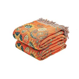 "XIBLC Boho Throw Blanket, 100% Cotton Ultra Soft Luxury Throw Rustic Quilt, 80""x90"" Floral Printed Farmhouse Decor Bed Summer Blankets, All Season Rustic Reversible Bohemian Throw for Bed - Orange"