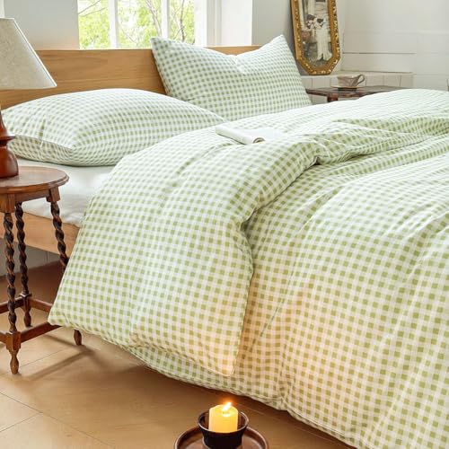 NSNLGSGC Sage Green Grid Duvet Cover Set King, 100% Washed Cotton Plaid Comforter Cover Set, Green Ultra-Soft & Lightweight Cottage Bedding Set(3PCS, King)