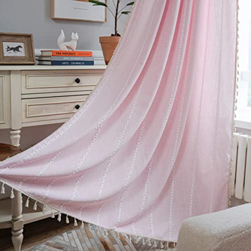 "Sutuo Home Boho Curtain for Bedroom 84 Inch Length, Light Filtering Farmhouse Shabby Chic Tassels Window Treatment Bohemian Embroidery Drape, Rod Pocket 1 Panel 52"" W x 84"" L, Pink"
