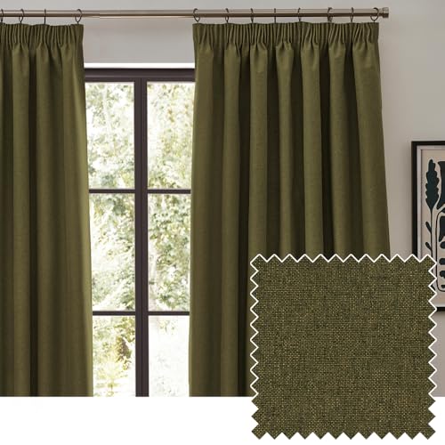 furn. Dawn Textured Blackout Pencil Pleat Curtains – Thermal Lined Pair (Green - Width 117 x Drop 183cm)