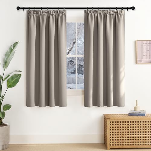 NICETOWN Curtain with Ruffle Tape Curtains Opaque Short Set of 2 145 x 140 cm (H x W) Darkening Curtains Thermal Curtain Heat Protection Bedroom Sand Colours