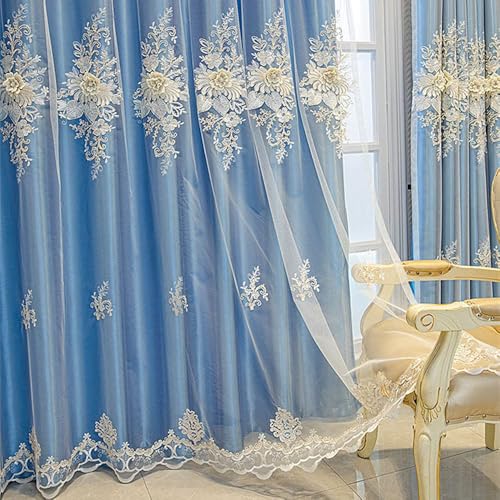 Amidoudou 1 Pair Luxury European Curtains with Valance for Living Room Bedroom Double Layer Embroidered Curtains (Blue,52x102 Inch)