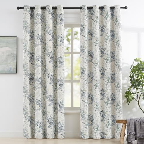 Melodieux Botanical Floral Blackout Curtains 108 Inches Long for Patio Door, Living Room Darkening Natural Cotton Farmhouse Country Grommet Drapes Thermal Insulated, 52 by 108 in, Green, 2 Panels