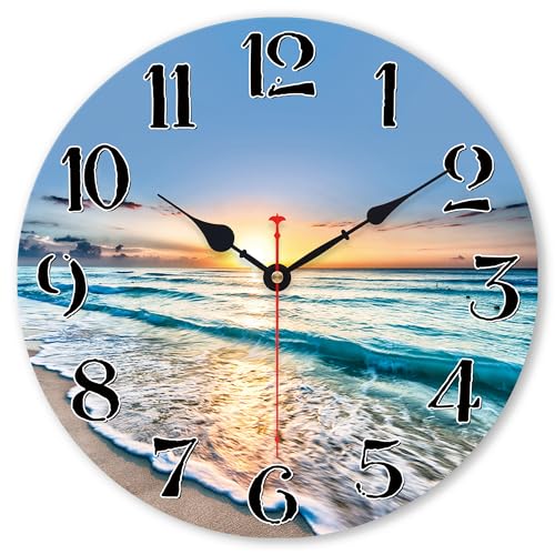 VIKMARI Kitchen Wall Clock - Home Decorative Wall Clock,14 Inch Silent Non-Ticking Quartz Battery Operated Clock, Easy to Read Round Arabic Numerals Ocean Wave Pattern Wooden Wall Clocks