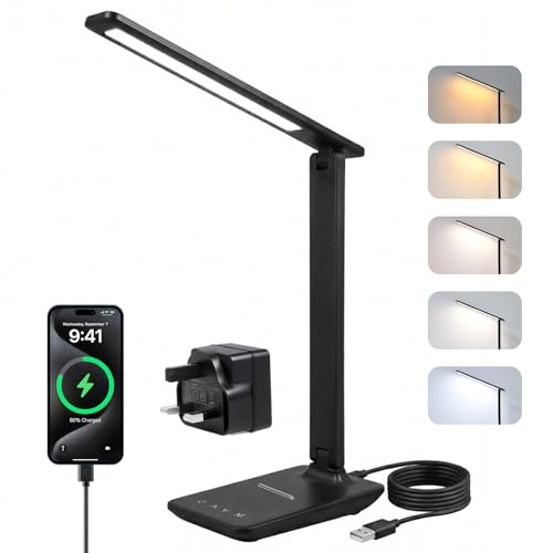 LED desk lamps office, dimmable desk light, LED table lamp with 5 colours and 5 brightness levels, reading lamp with USB charging port, touch control for children, bedrooms, reading, offices (Black)