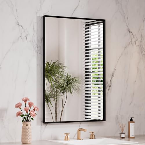 "LOAAO Black Bathroom Mirror 24""X32"" - Tempered Glass, Hangs Vertically or Horizontally, Easy to Install, Wall Mounted, Modern Design"