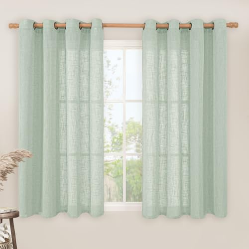 LAMIT Light Sage Linen Curtains 45 Inches Long for Bedroom, Semi Sheer Light Filtering Panels Bronze Grommet Neutral Drapes for Kitchen/Window/Bedroom, 2 Panels Set, 52 x 45 Inch