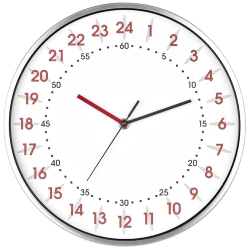 TFA Dostmann Analogue Wall Clock 24 Hour Display, 60.3069.02, with Red Hour and Black Minute Numbers, Aluminium Frame, Glass Cover, White