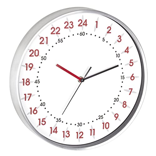 TFA Dostmann Analogue Wall Clock 24 Hour Display, 60.3069.02, with Red Hour and Black Minute Numbers, Aluminium Frame, Glass Cover, White