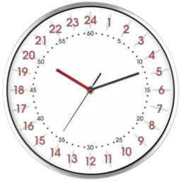 TFA Dostmann Analogue Wall Clock 24 Hour Display, 60.3069.02, with Red Hour and Black Minute Numbers, Aluminium Frame, Glass Cover, White