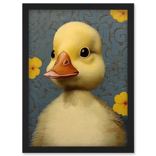 Artery8 Duckling with Flowers Oil Painting Kids Bedroom Baby Nursery Duck Artwork Framed Wall Art Print A4