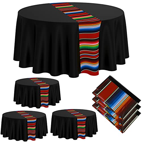 Oudain 3 Pack Mexican Round Tablecloth Mexican Striped Serape Tablecloth 84 Inch Fiesta Waterproof Table Cloth Table Cover for Cinco De Mayo Carnival Party Dining Table Picnic Buffet Party (Black)
