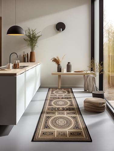 Nouristan Oriental Rug - Runner Oriental Classic Oriental Living Room Rug Densely Woven with Border Flat Weave for Living Room, Bedroom, Dining Room, Hallway - Black Cream, 80 x 240 cm