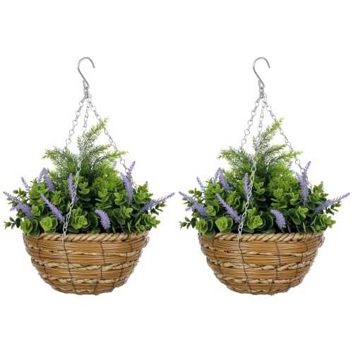 Outsunny Set of 2 Artificial Hanging Baskets with Lisianthus Flowers Purple - Realistic Faux Plants, Eucalyptus, Pine, PE Rattan Basket, Chain, for Indoor, Outdoor Garden, Porch, Patio