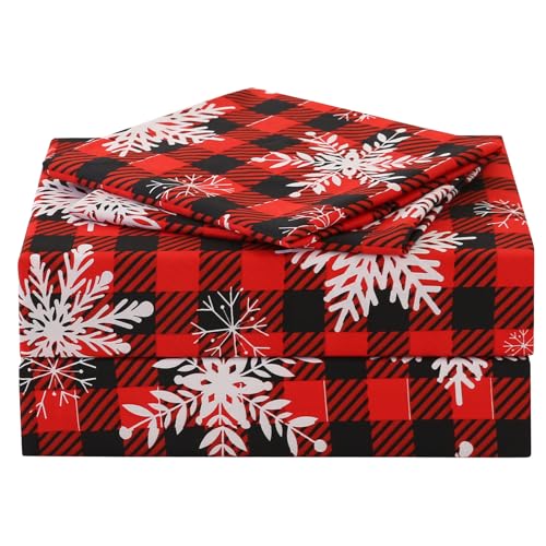JSD Red Buffalo Plaid Snowflakes Sheet Set Cal King, 4 Piece Christmas Winter Microfiber Bedding Sheets Extra Deep Pocket