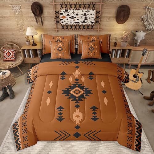 7 Pcs Western Aztec Full Comforter Set, Native American Navajo Bedding Set for Boys Adult Teens, Southwestern Geometric Bed in A Bag Ethnic American Native Sheets Rustic Farmhouse Decor, Brown Black