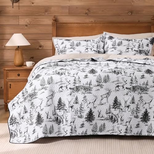 PPOLCA Rustic Queen Quilt Bedding Set, Christmas Lightweight Reversible Cabin Deer Bedspread Coverlet, 3-Piece Lodge Bed Cover Quilt with 2 Pillow Shams for All Season, White and Black