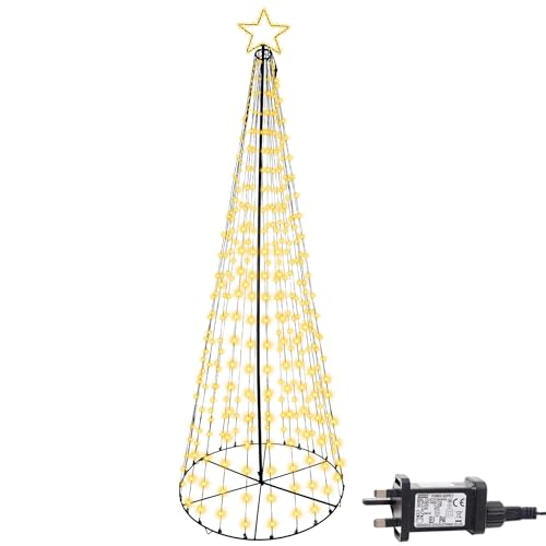10FT Cone Tree Maypole Christmas Tree Star Tree Topper 8 Modes/Timer/Memory Warm White Micro LEDs Lights Pyramid Mains Operated Indoor/Outdoor Decorations