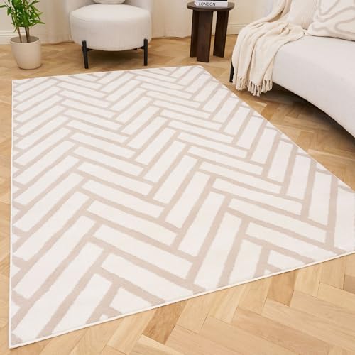 THE RUGS Living Room Rug, Loft Collection – Modern Textured 14mm Soft Pile Area Carpet, Non-Shedding & Easy Care [ Chevron Beige, 80x150 cm]