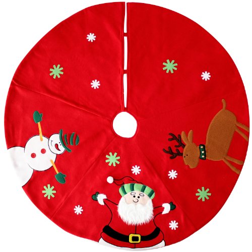 WeRChristmas 120 cm Extra-Large Christmas Tree Skirt Decoration with Snowman Father Christmas and Reindeer Design, Red