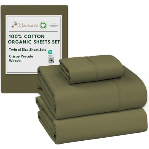 RUVANTI 100% Organic Cotton Sheets - Twin XL Sheet Sets Bedding - Super Soft & Breathable - Crispy & Cooling Percale Bed Sheets - Deep Pocket 15'' - 3 Pcs - Olive