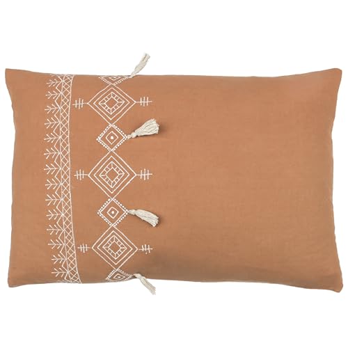 furn. Pritta Feather Filled Cushion – Bohemian Geometric Embroidered Cotton Tassel Trim Pillow (Cinnamon – 40x60cm)